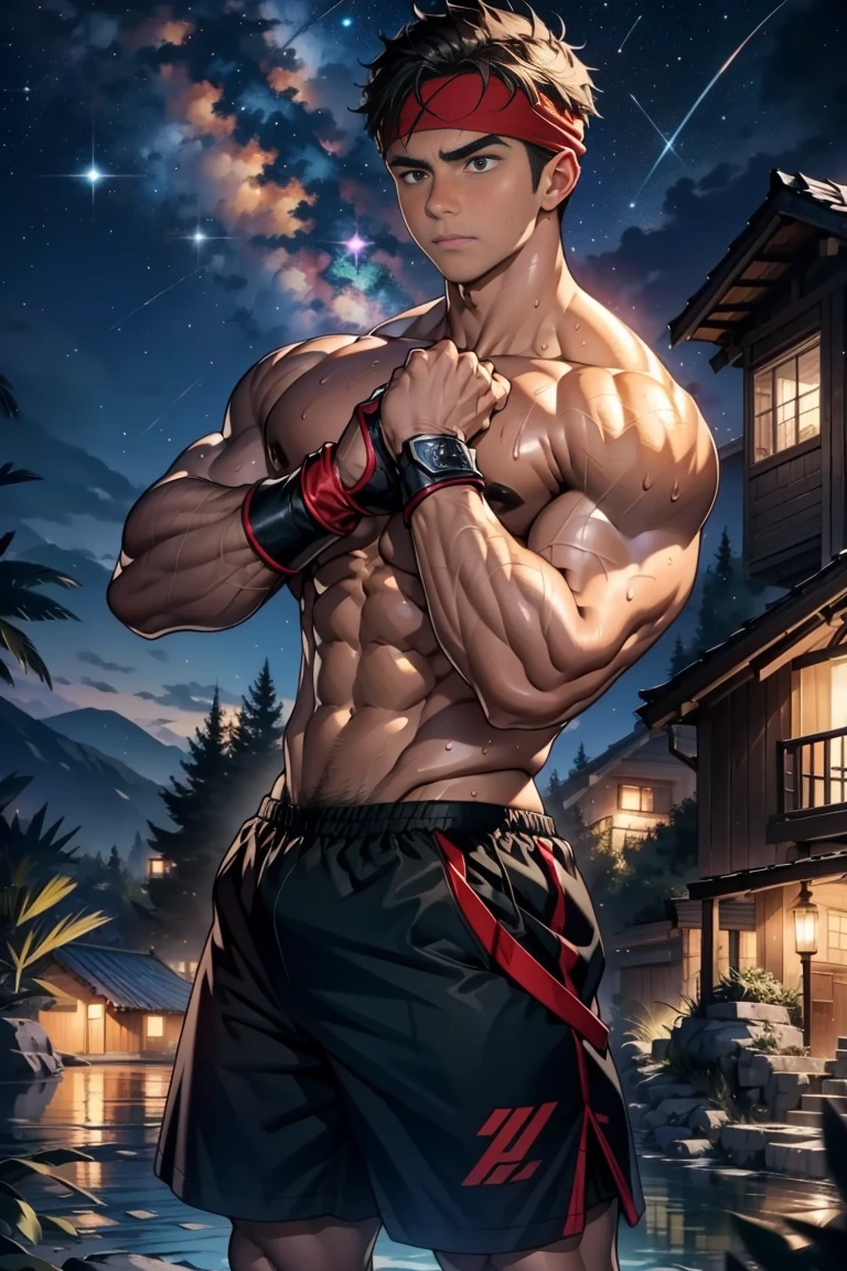 (Masterpiece, Best quality, 18 year old boy, 8k, ultra-detailed, (cowboy shot)), (looking away, worm eyes, thin lips), (1 boy, solo), Young, (teenager), (Dark Short straight hair, under cut, black eyes), Shirtless, topless, (Red headband, black shorts, (gauntlet)), (Depth of field:1.2), (Abs, chest, upper arms), (topless male), man with martial arts stance, athretic body, (Starry night), sweat, epic dinamic pose