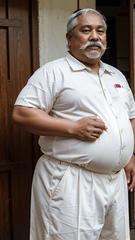 Fat malay oldman with bangladesh looks, fat body, obese, double chin, full white moustache, full white short hair, he is 70years old, standing