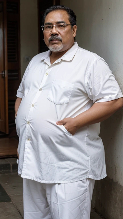 Fat malay oldman with bangladesh looks, fat body, obese, double chin, full white moustache, full white short hair, he is 70years old, standing