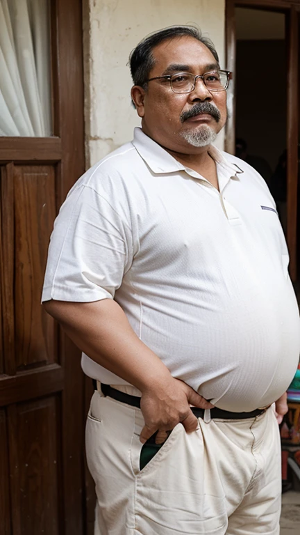 Fat malay oldman with bangladesh looks, fat body, obese, double chin, full white moustache, full white short hair, he is 70years old, standing