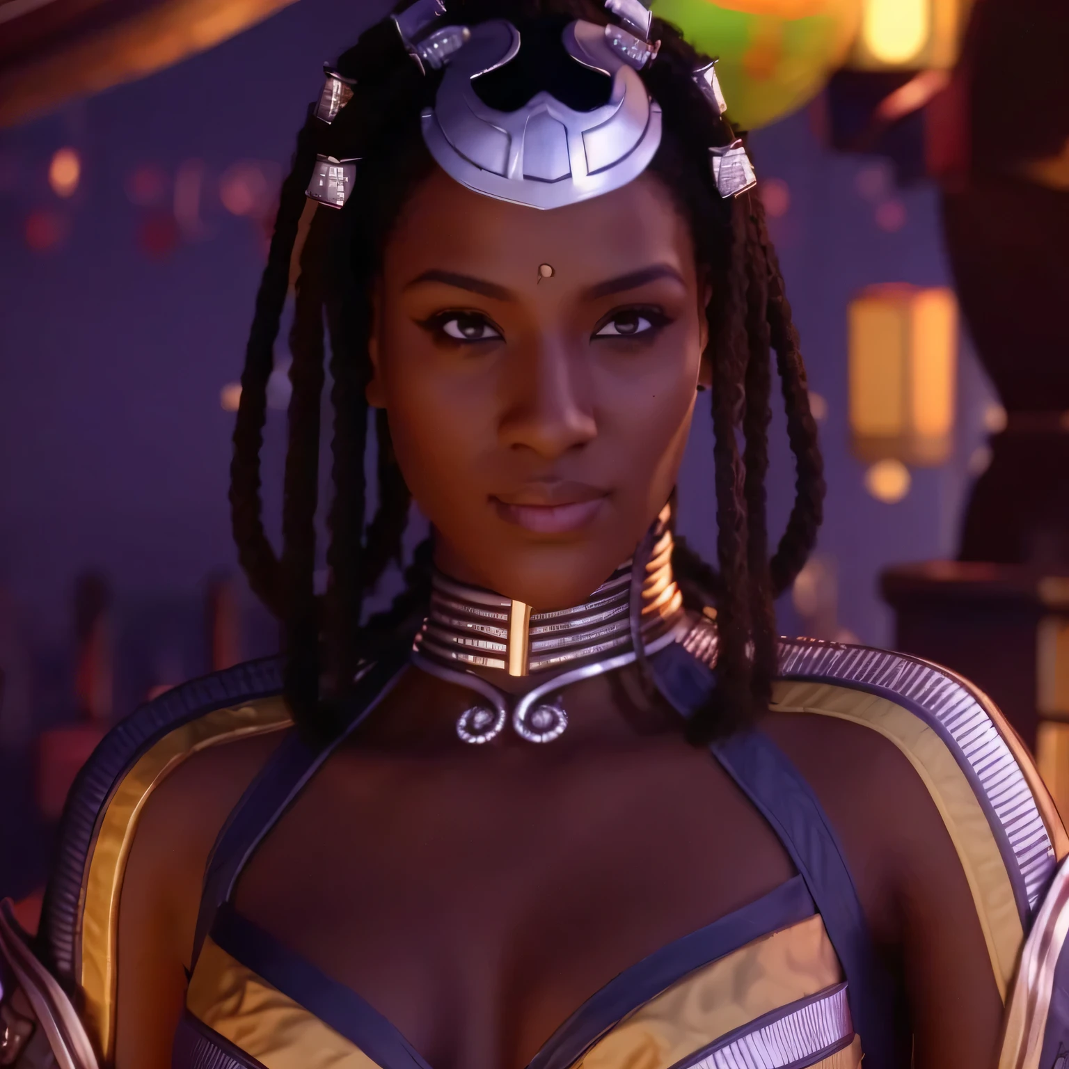 8k, melhor qualidade, imagem real, tanya from mk1, beleza negra, detalhes intrincados, ultra-detalhado, ultra high resolution, campo de profundidade,(photorealista,realista:1.2),obra de arte, foto de tanya, vestindo uma malha amarela com detalahes em prata, olhos castanhos, Brown afro hair adorned with metallic embellishment, Sozinho, noite, melhor qualidade, realista, photorealista, (detalhes intrincados:1.2), (delicado detalhado), (cinematic light), linha clara, sharp focus, realista face, Rosto detalhado 8K papel de parede, ultra high resolution, (photorealista:1.4), olhando para o espectador, olhar sedutor,
