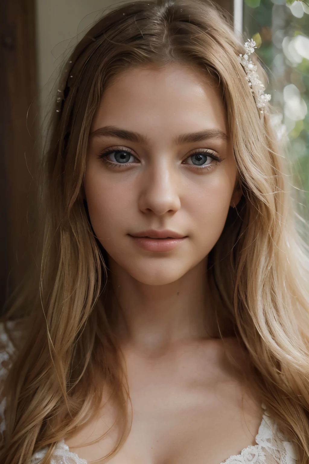 hair accessories headdress, tulle translucent, (zentangle: 1.2), (dynamic pose), (abstract background: 0.8), (shiny skin),(realistic, photo-realistic:1.4),(8k, RAW photo, best quality, masterpiece:1.2), cute, ultra-detailed,heart-shaped pupils, physically-based rendering, ultra high res, kodakvision color, shot on Arricam LT Camera, bokeh, sharp focus, looking at viewer, photorealistic,realistic, solo, photorealistic, best quality,extremely detailed face,extremely detailed eyes and face, (blond girl,) clear eyes, beautiful detailed eyes,absurdres, incredibly absurdres,(haunting smile),Messy hair, floating hair, round clear big eyes, clear big eyes, moist red lips, sweet, girl,
