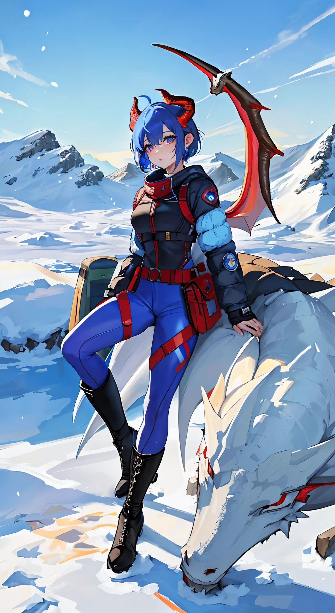 (Ultra-short hair with blue and red highlights),(google on her head)close up,dream world,Dragon royal sister,dragon lady,Red and blue short hair,beautiful eyes,snow mountain tundra,polar bay,earrings,(goggles,Tight protective clothing),humanoid, polar tundra background,Explorer, her skin is white, fair complexion,(adventure tights,Tight pants,A pair of dragon horns and wings),boots,leather boots,