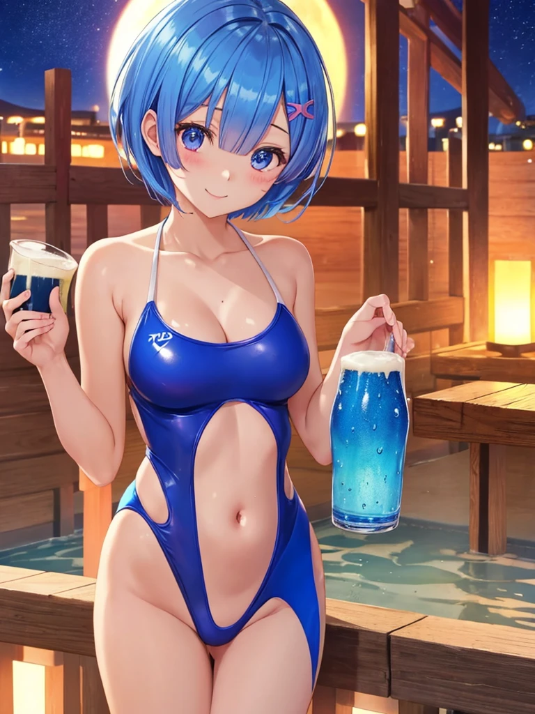 masterpiece, highest quality, Super detailed, 1 girl、Rem、Re:zero、blue hair、short hair、 super fine illustration、美しいseductive anime girl、Super detailed、night、Beerで乾杯、Beer、full moon、Sunburn mark、black skin、smile、beautiful bluish eyes、beautiful proportions、gentle expression、seductive anime girl、Glossy skin、seaside、beach、hot spring、red school swimsuit 、High leg、青いBeer、