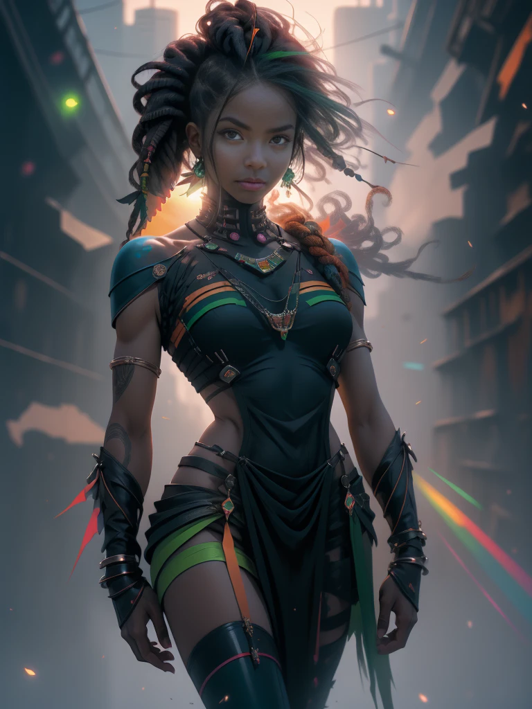 ((Mejor calidad)), ((obra maestra)), (detallado: 1.4), Zulu African Warrior Woman, hermoso tono de piel africano oscuro:1.1, Pulseras y collares africanos, piel oscura, (kemet, africano, ropa nigeriana con espectacular wakanda tribal, kemetic designs, explosion of colors, cosmic tattoo, nebuloso, cuerpo musculoso y escultural definido, Todo el cuerpo, muslos desnudos medio gruesos, boca cerrada, body covered by technological clothing, Neon Genesis Evangelion Style, ciberpunk, escote generoso, ((Senos medianos perfectos)), (Super light blue eyes), ((Ropa totalmente verde oscuro y naranja)), (((cabello con rastas)))), long eyelashes and intense black makeup, varias joyas africanas, Garter belt made with barbed wire, by mucha, niji--V5, cerca de lo real, psychopath, cara de loco, pose sexy, Fondo fractal, 2 piezas de ropa, pastel, centrado, Escala para ajustarse a las dimensiones., HDR (High dynamic range),trazado de rayos,NVIDIARTX, super resolution,irreal 5,Subsoil Dispersion, textura PBR, Postprocesamiento, Anisotropic filtering, profundidad de campo, Maximum clarity and sharpness, Texturas multicapa, Albedo y mapas especulares., Sombreado de superficie, Accurate simulation of the interaction between light and material., proporciones perfectas, renderizado de octanaje, Two tone lighting, Amplia apertura, ISO bajo, balance de blancos, Regla de los tercios, 8K CRUDO, crisisnanotraje