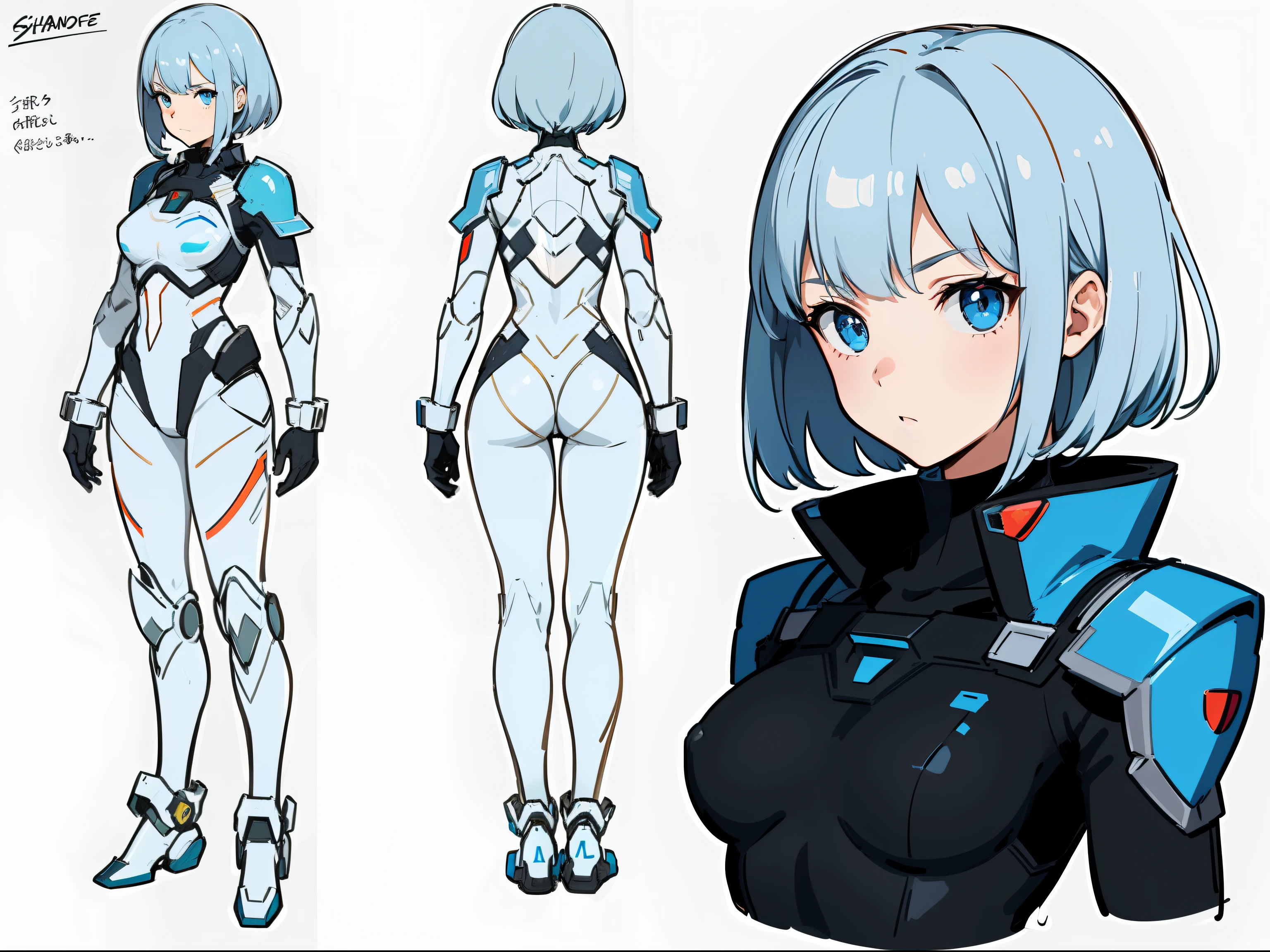 girl wearing light armor tights, science fiction theme, Breastplate, pauldron, Gundam，main part, best quality, official art, Sketch line drawing, eyes blue, The frontal of the character、Back and side,