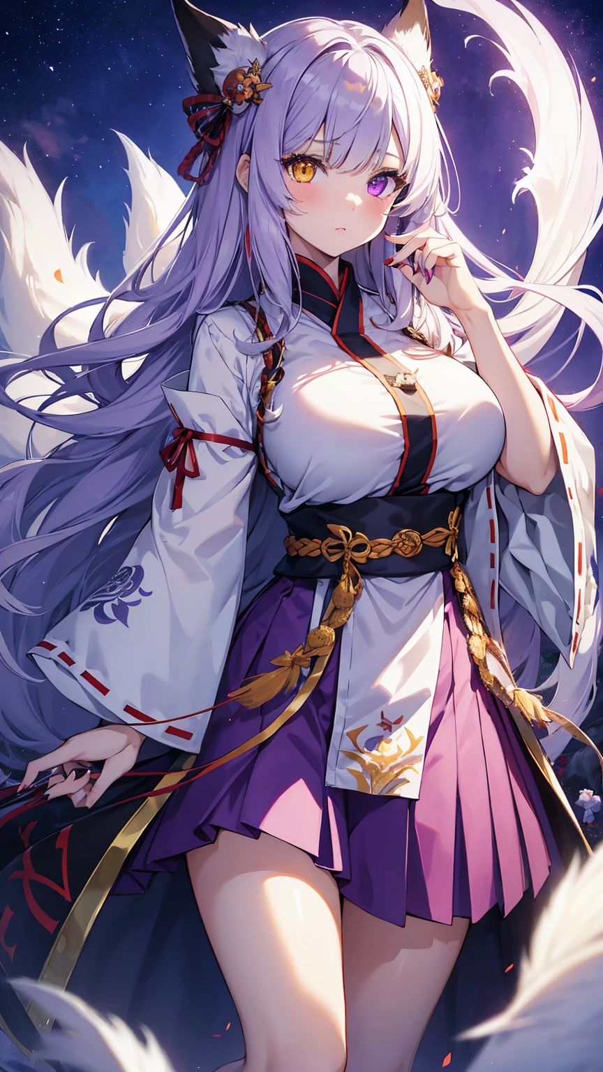 Sfw,1girl and 1white fox,nail polish,beautiful illustration ,(heterochromia,purple eye,yellow eye),(big breasts),beautiful face,deep blue long hair, shrine maiden outfit,red skirt,mysterious mood,in the night,moolight,best quality, high quality, masterpiece, HD,4K,8K