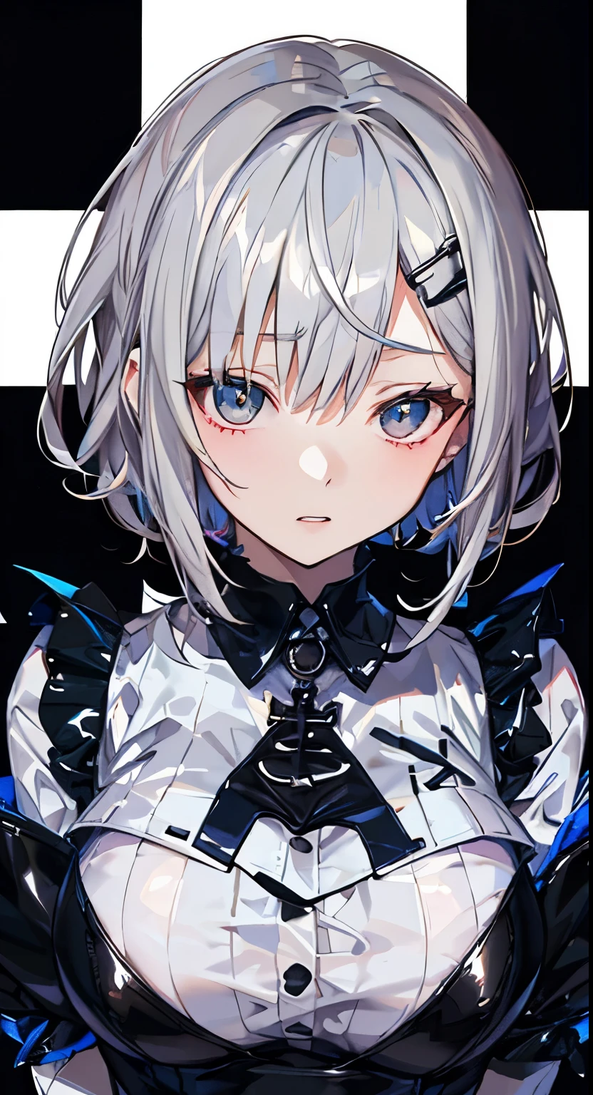 ((hypnotized girl)), blue big hypnotic eyes,  1  and slender woman, considerably enlarged huge breasts,   ((Gray hair)),((Untidy half bob hair,)),In 8K, top quality, (highly detailed head: 1.0), (very detailed face: 1.0), (highly detailed hair: 1.0),((black sister clothes)),  ((obscene indecency)),Detailed official artwork,  clean detailed anime art,((face of despair)),  praying pose