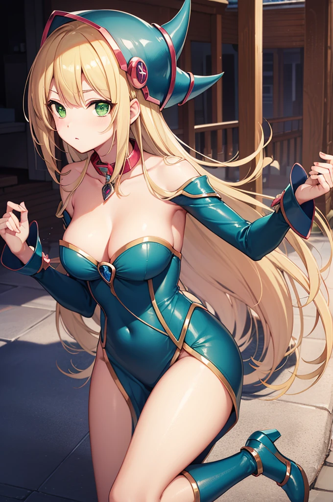 Yu-Gi-Oh Black Wizard Girl,Dark Magician Girl, dark magical girl, blonde hair, collar, (green eyes:1.5), long hair, rest bare shoulders, blue footwear, blush, blush stickers, split, clavicle, duel monsters, have, Off the shoulders, five-pointed star, wizard have, (blue clothes:1.5), rest looking at viewer, rest outdoors, City, rest (masterpiece:1.2), best quality, high resolution, unified 8k wallpaper, (illustration:0.8), (Beautiful and delicate eyes:1.6), extremely detailed face, perfect lighting, Extremely detailed CG, (perfect hands, perfect anatomy),