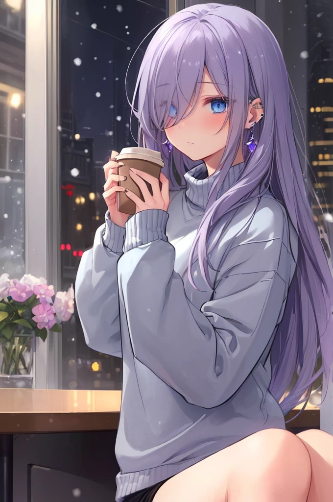 ((masterpiece:1.4, best quality:1.2)), 1girl, solo focus, beautiful skin, blush, grey sweatshirt, long Violet hair, blue eyes, sitting, earrings, Hands piercing, coffee shop window, night, snowing, cityscape, tall female, beautiful and delicate female, comfy ambience, {detailed background}, hair over one eye, shy, sexy female genitalia