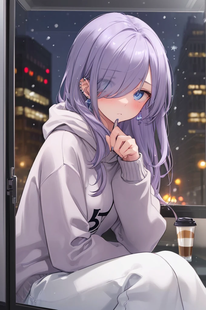 ((masterpiece:1.4, best quality:1.2)), 1girl, solo focus, beautiful skin, blush, grey sweatshirt, long Violet hair, blue eyes, sitting, earrings, Hands piercing, coffee shop window, night, snowing, cityscape, tall female, beautiful and delicate female, comfy ambience, {detailed background}, hair over one eye, shy, sexy female genitalia