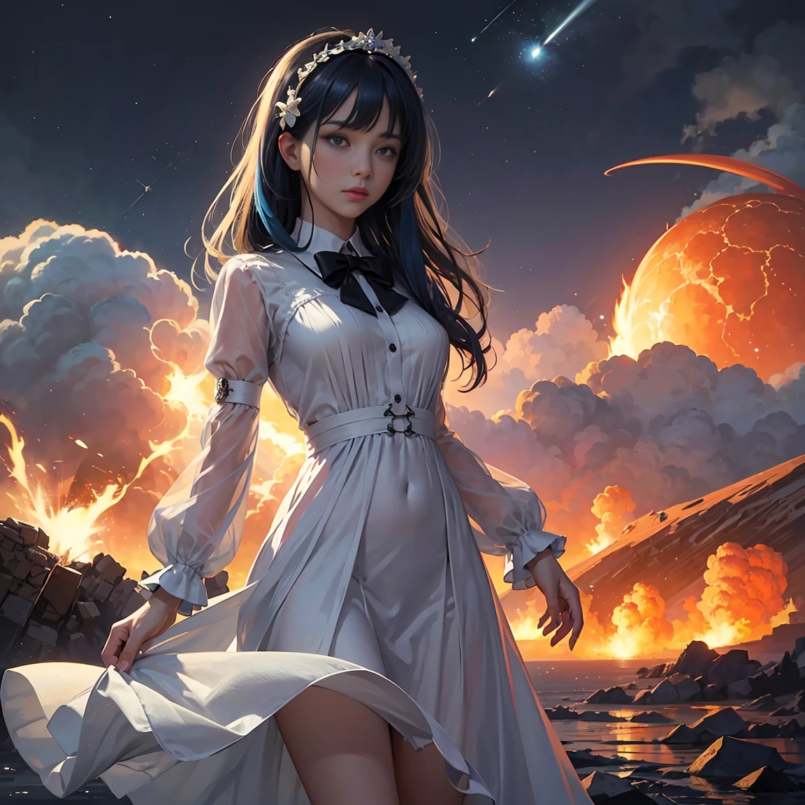 masterpiece, highest quality, figure, {beautiful detailed girl}, Detailed beautiful shine, (flame of war: 1.2), (nuclear explosion behind: 1.3), rain, detailed lighting, detailed water (beautiful and detailed eyes: 1.1) , Expressionless, palace, blue hair, messy hair, long bangs, hair between eyes, (white and gray dress: 1.1), black headband, white bow ties, abdomen, High Amount, an unmoving gaze, flower, long sleeve