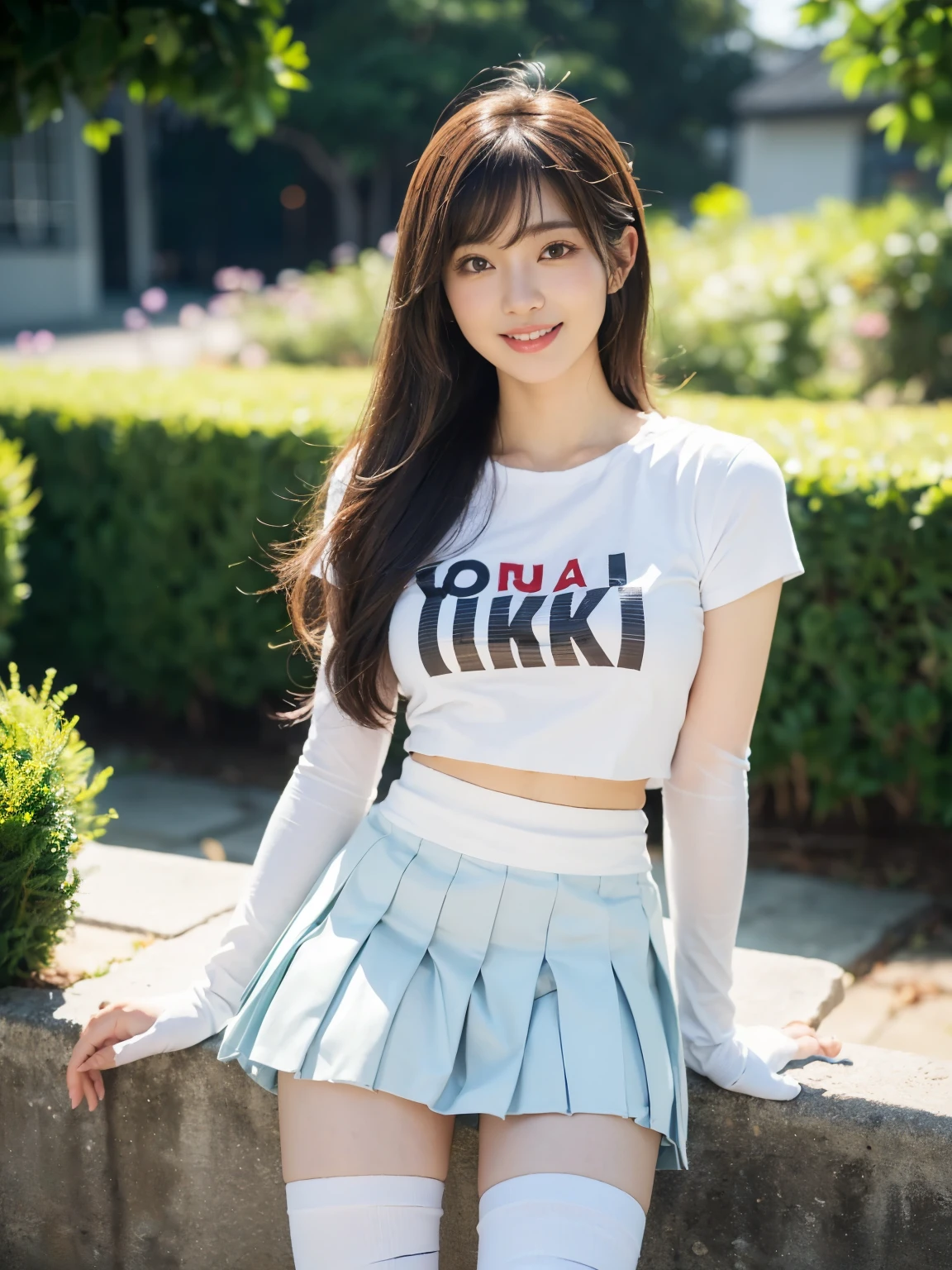 Highest quality、8K、No makeup、masterpiece、Ultra-high resolution、Clear photos、Realistic、Professional Lighting、(Very cute girl)、(beautiful girl)、The cutest Erina Mano、Cheerleader、smile、(Large erect nipples)、Ultra slim、Tight waist、Slender body、Thin legs、Brown Hair、smile、(Wearing tight clot(mini skirt)、(Jump towards the camera:1.2、Jump High)、(with legs wide open,)、 flipped up my skirt)、(She gets excited and shows off her white lace panties)、Full body photo:1.4