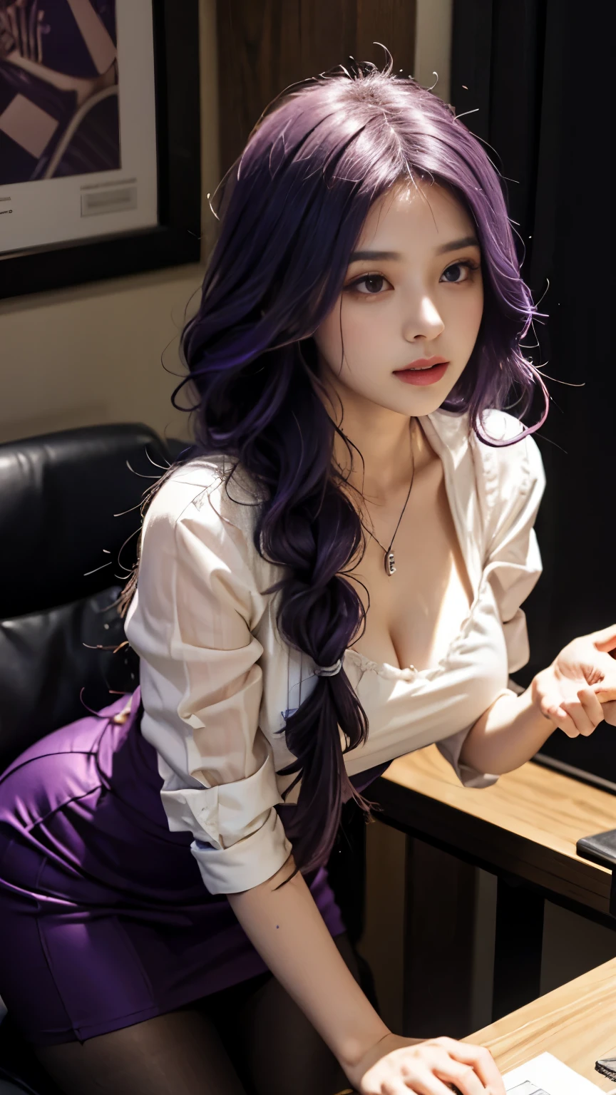 1girl，gloucester，purple hair，long hair，thick braid，Purple hair big breasts，purple eyes，maidennurse头饰，maidennurse，pantyhose，，（dark light：1.2），（hyper extreme详细），（masterpeace：0.5），（hyper extreme），（Realism），Game CG,illustration,小说illustration,beautiful lights,Light on the front,Good player,beautiful art,BREAK,(Good player,Good player,perfect hands:1.3),(five fingers:1.4),Pointed,perfect hands指,beautiful fingers,Beautiful hands,