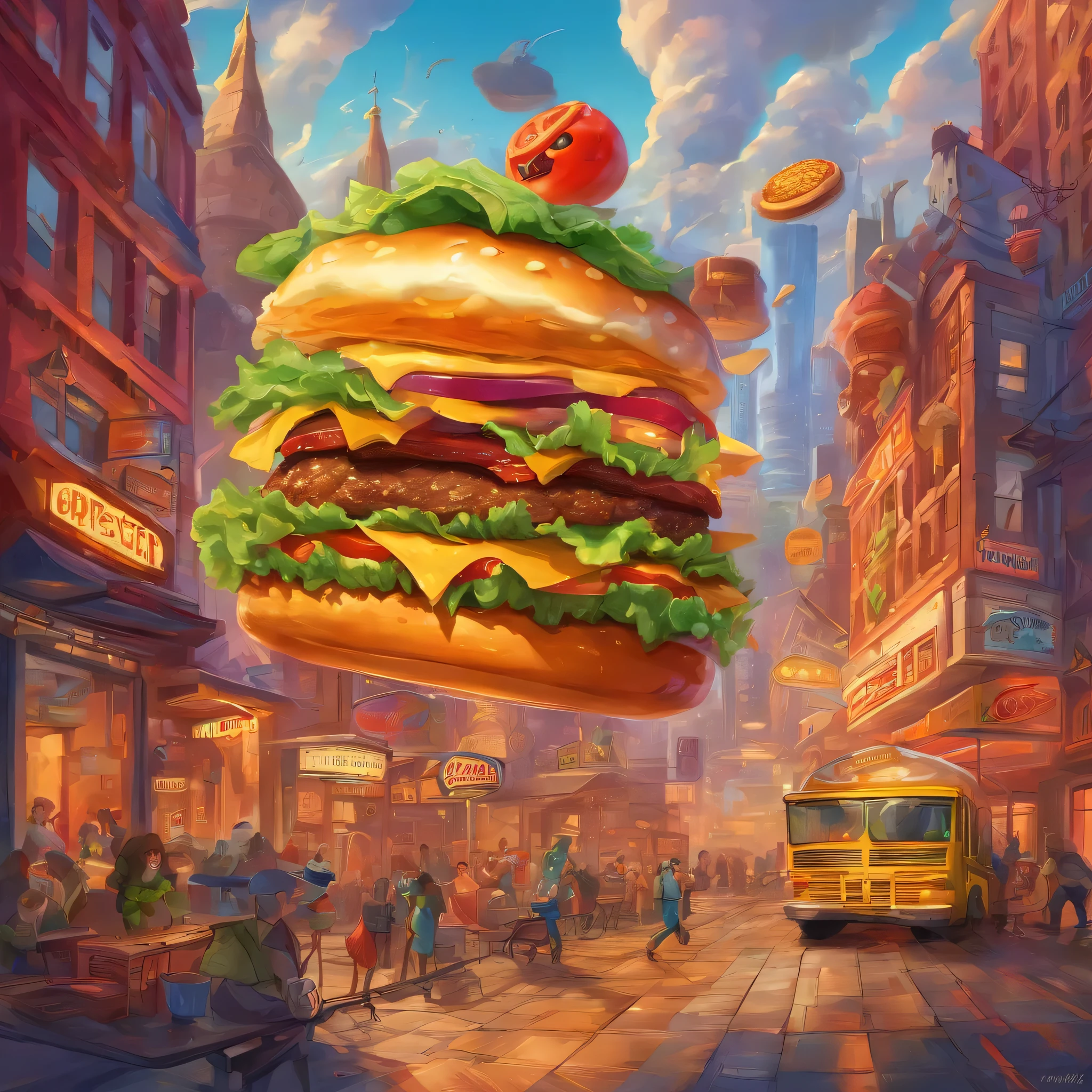 (monstrous hamburger buildings, hamburger monster wreaking havoc in the human city), oil painting, vibrant colors, realistic lighting, high-res, ultra-detailed, vivid cityscape, towering burger-shaped skyscrapers, burger-themed landmarks, chaotic scene, frightened people running in the streets, horrified expressions, crumbling buildings, ketchup and mustard colored clouds, pickles and lettuce cascading from the sky, sesame seed rain, mayo and cheese tornadoes, monstrous burger claws destroying cars, mayhem and destruction, excessive toppings and cheese melting on the streets, a giant burger monster with monstrous lettuce tentacles and tomato eyes, mouthwatering aroma filling the air, burger-loving citizens trying to find shelter, the city turned into a burger paradise, with fries as buildings, rivers of soda flowing through the streets, and burger patties as roads, an extraordinary fusion of fast food and urban architecture.