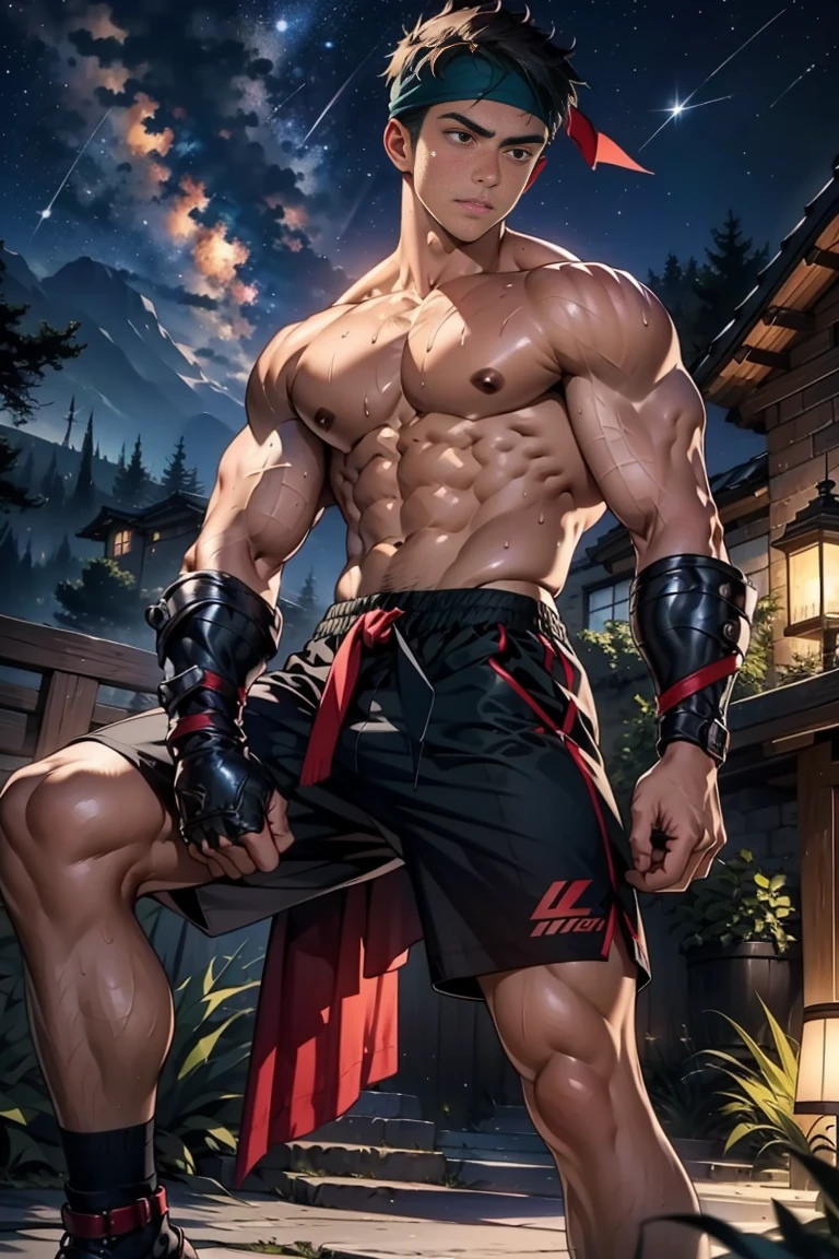 (Masterpiece, Best quality, 18 year old boy, 8k, ultra-detailed), (looking away, worm eyes, thin lips), (1 boy, solo), Young, (ager), (Dark Short straight hair, under cut, black eyes), Shirtless, topless, (Red headband, black shorts, (gauntlet), boot sandals), (Depth of field:1.2), (Abs, chest, upper arms), (topless male), man with martial arts stance, athretic body, (Starry night), sweat, epic dinamic pose