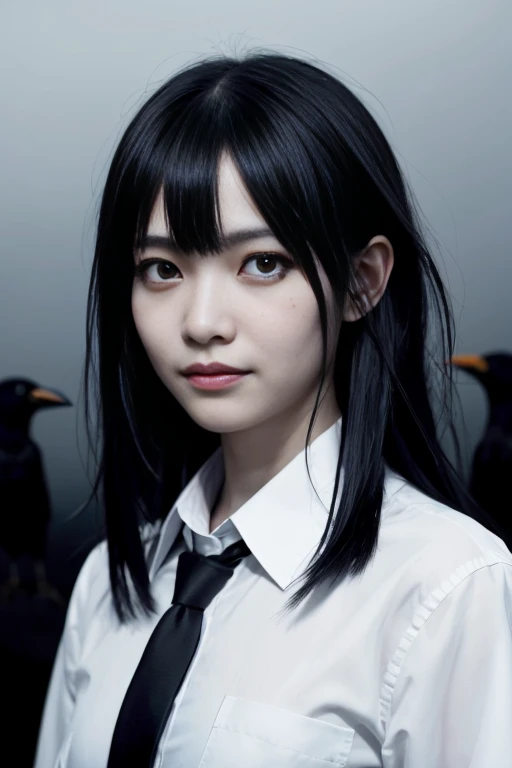 Generate an artwork of the highest quality (1.2) that shows a close-up of the eyes with an emphasis on dark horror movie elements. The image should feature a single female character, standing alone, with **shiny black hair** and **deep, pitch-black eyes**, a fringe and medium-sized breasts. She should be dressed in a white shirt and tie, wearing a characteristic anime style. The character should have an intense gaze and a slightly mischievous smile (male: 1.2), and should be looking directly at the viewer as if in an interview (interview: 1.3). The background should be dark with the presence of crows (crows: 1.3) and should be blurred to give a realistic effect (dark background, blurred background).