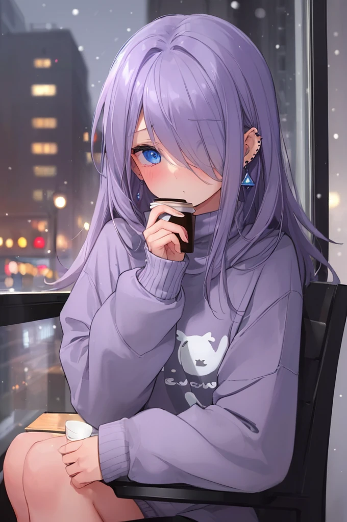 ((masterpiece:1.4, best quality:1.2)), 1girl, solo focus, beautiful skin, blush, grey sweatshirt, long Violet hair, blue eyes, sitting, earrings, Hands piercing, coffee shop window, night, snowing, cityscape, tall female, beautiful and delicate female, comfy ambience, {detailed background}, hair over one eye, shy, sexy female genitalia