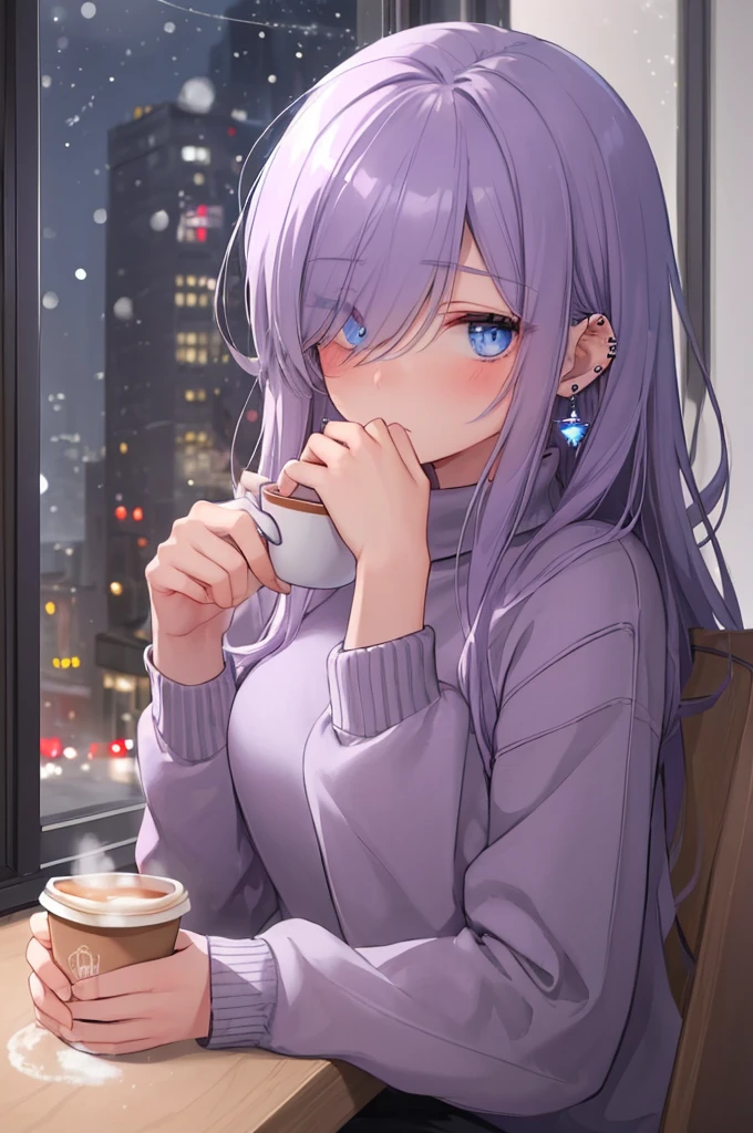 ((masterpiece:1.4, best quality:1.2)), 1girl, solo focus, beautiful skin, blush, grey sweatshirt, long Violet hair, blue eyes, sitting, earrings, Hands piercing, coffee shop window, night, snowing, cityscape, tall female, beautiful and delicate female, comfy ambience, {detailed background}, hair over one eye, shy, sexy female genitalia