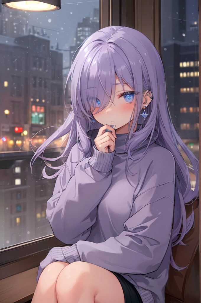 ((masterpiece:1.4, best quality:1.2)), 1girl, solo focus, beautiful skin, blush, grey sweatshirt, long Violet hair, blue eyes, sitting, earrings, Hands piercing, coffee shop window, night, snowing, cityscape, tall female, beautiful and delicate female, comfy ambience, {detailed background}, hair over one eye, shy, sexy female genitalia