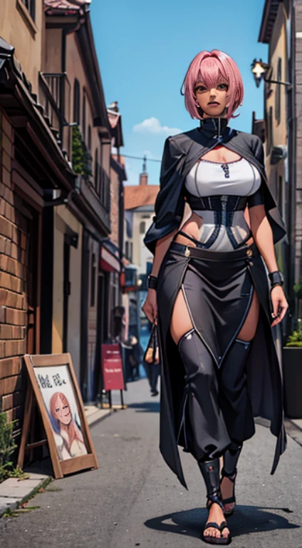 sexy pose, pink hair, (short bangs hair:1.36), detailed yellow eyes, narrow waist, depth of field, 1girl, (on a background:1.3), (full body), big breasts, wide hips, athletic figure, ((thigh cutout)), (((dark skin))), walking,*priestess, pullover, , walking flipflops, long skirt, medieval clothing, solo, floral crow, staff, wizard, full body, flipflops, medieval village, long robo, long skirt, big skirt, pants