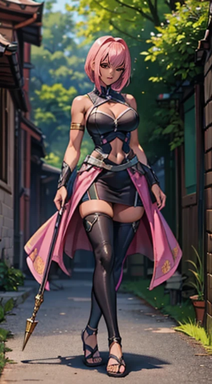 sexy pose, pink hair, (short bangs hair:1.36), detailed yellow eyes, narrow waist, depth of field, 1girl, (on a   background:1.3), (full body), big breasts, wide hips, athletic figure, ((thigh cutout)), (((dark skin))), walking,*priestess, pullover, , walking flipflops, long skirt, medieval clothing, solo, floral crow, staff, wizard, full body, flipflops, medieval village, long robo, long skirt, big skirt, pants