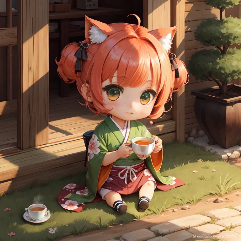 Cute Chibi Anime in a Cup, Wear a green kimono, drinking tea, logo