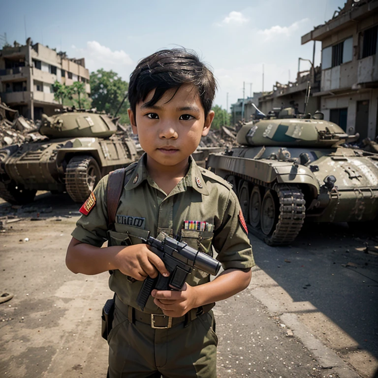 little boy Indonesian with a gun sniper pose dynamic low view camera, masterpiece