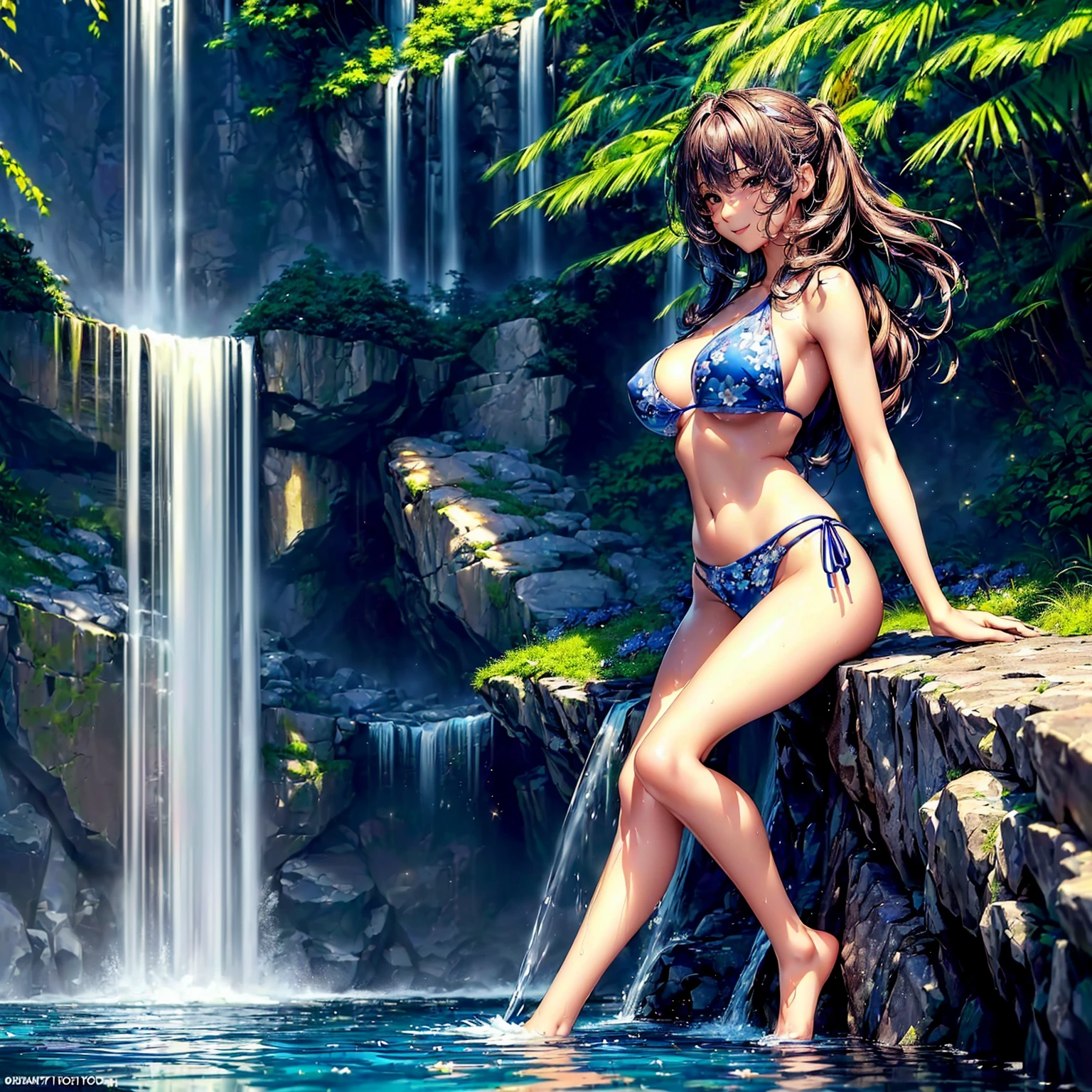 (((highest quality、masterpiece、very high resolution、highly detailed images、detailed details)))、(A woman of perfect and ultimate beauty:18-year-old, beautiful body:Slender and beautiful breasts、beautiful face:Mouth opens with a smile、beautiful hair:various hairstyles)、(best skin and hair texture)、(((Cute Bikini:Patterned:colored,shoulders are exposed,Thighs are visible))),((Fantastic waterside:beautiful flowers and waterfall,beautiful starry sky,Natural light,beautiful scenery,beautiful scenery,Beautiful colors)),(water play,beautiful pose,model shoot,Hair flutters under the influence of the wind),bijinga,realistic portrait,Overall image、accurate image、accurate anatomy、Image without defects,(best shot,RAW photo:1.2)
