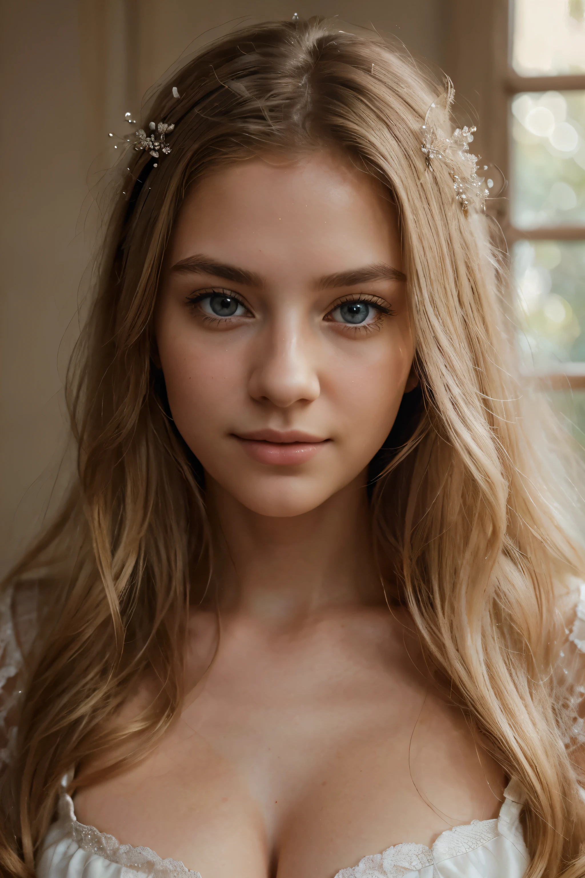 (Mejor calidad,8k,ultra detallado,obra maestra:1.2),hermoso y estetico,hiperrealismo,Photography, retratos, adolescente, hermosos ojos detallados, Cabello largo y rubio, shy smile, ojos grises, natural lighting, colores suaves, sombras sutiles, Rasgos faciales delicados, Piel perfecta, gentle expression, Dream atmosphere, ethereal beauty, Sharp focus, Alta fidelidad, claridad impresionante, mirada cautivadora, Sereno y elegante, encanto angelical.