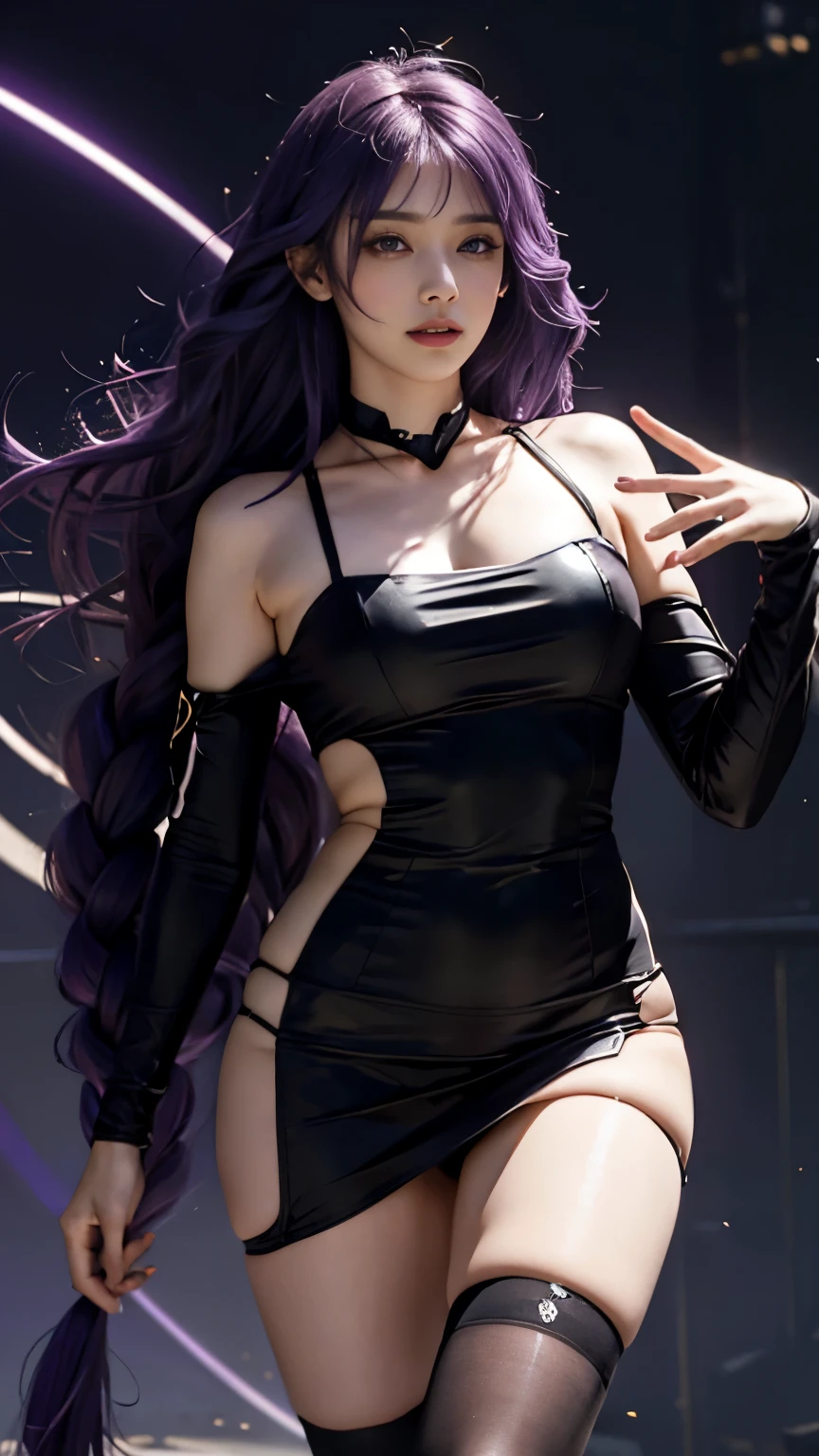 1girl，gloucester，purple hair，long hair，thick braid，Purple hair big breasts，purple eyes，maidennurse头饰，maidennurse，pantyhose，，（dark light：1.2），（hyper extreme详细），（masterpeace：0.5），（hyper extreme），（Realism），Game CG,illustration,小说illustration,beautiful lights,Light on the front,Good player,beautiful art,BREAK,(Good player,Good player,perfect hands:1.3),(five fingers:1.4),Pointed,perfect hands指,beautiful fingers,Beautiful hands,