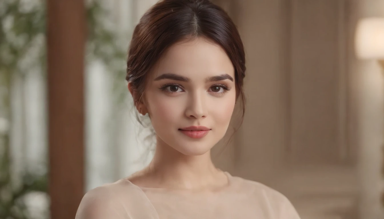 ((best qualtiy,8k,tmasterpiece:1.3)), 1girll, ssmile, full bodyesbian, Beautiful woman, (dark brown hair), full length dress :1.1, Super detailed face, blur backgroun, Slim Faces,Large,office room