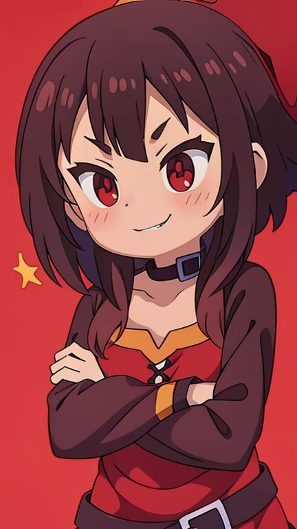 Megumin, smirk, crossed arms over chest, hearts, brown hair, red eyes, simple background, witch hat, wink, showing teeth,