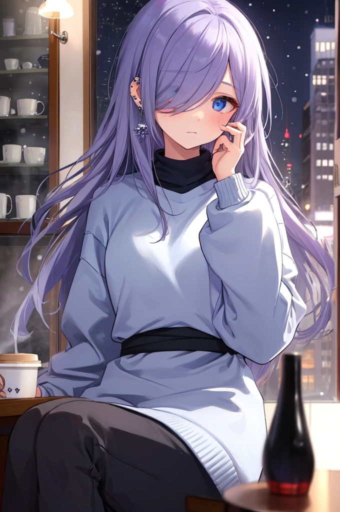 ((masterpiece:1.4, best quality:1.2)), 1girl, solo focus, beautiful skin, blush, grey sweatshirt, long Violet hair, blue eyes, sitting, earrings, Hands piercing, coffee shop window, night, snowing, cityscape, tall female, beautiful and delicate female, comfy ambience, {detailed background}, hair over one eye, shy, sexy, female genitalia