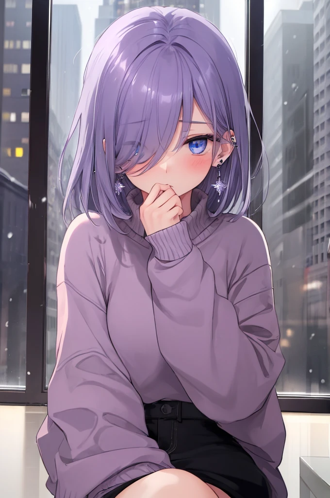 ((masterpiece:1.4, best quality:1.2)), 1girl, solo focus, beautiful skin, blush, grey sweatshirt, long Violet hair, blue eyes, sitting, earrings, Hands piercing, coffee shop window, night, snowing, cityscape, tall female, beautiful and delicate female, comfy ambience, {detailed background}, hair over one eye, shy, sexy, female genitalia