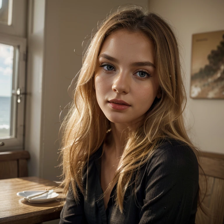 The Stable Diffusion prompt for the given theme "long blonde hair red lips, plain black shirt, sitting in restaurant" can be as follows:
"(best quality,4k,8k,highres,masterpiece:1.2),ultra-detailed,(realistic,photorealistic,photo-realistic:1.37),portraits,vivid colors,long blonde hair,red lips,plain black shirt,standing on a sea beach,beautiful detailed eyes,beautiful detailed lips,extremely detailed face,relaxed expression,gentle lighting,background of a sea beach ,soft focus,subtle shadows"