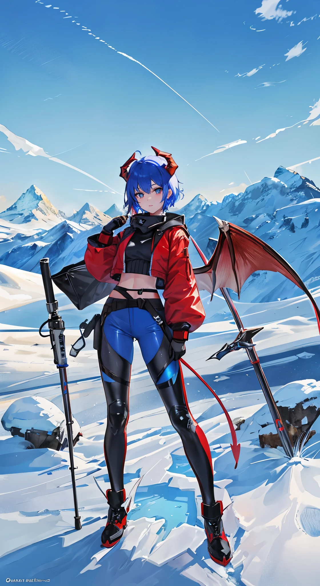 (Ultra-short hair with blue and red highlights),(google on her head)close up,dream world,Dragon royal sister,dragon lady,Red and blue short hair,beautiful eyes,snow mountain tundra,polar bay,earrings,(goggles,Tight protective clothing),humanoid, polar tundra background,Explorer, her skin is white, fair complexion,(adventure tights,Tight pants,A pair of dragon horns and wings),boots,leather boots,