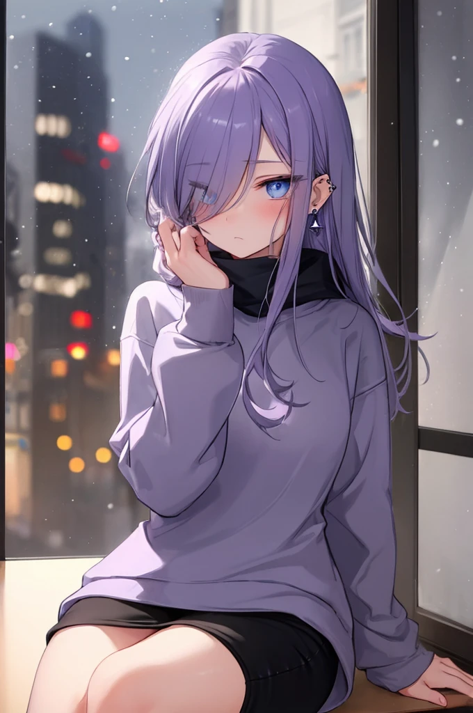 ((masterpiece:1.4, best quality:1.2)), 1girl, solo focus, beautiful skin, blush, grey sweatshirt, long Violet hair, blue eyes, sitting, earrings, Hands piercing, coffee shop window, night, snowing, cityscape, tall female, beautiful and delicate female, comfy ambience, {detailed background}, hair over one eye, shy, sexy, female genitalia
