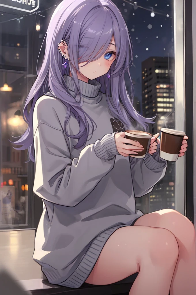 ((masterpiece:1.4, best quality:1.2)), 1girl, solo focus, beautiful skin, blush, grey sweatshirt, long Violet hair, blue eyes, sitting, earrings, Hands piercing, coffee shop window, night, snowing, cityscape, tall female, beautiful and delicate female, comfy ambience, {detailed background}, hair over one eye, shy, sexy, female genitalia