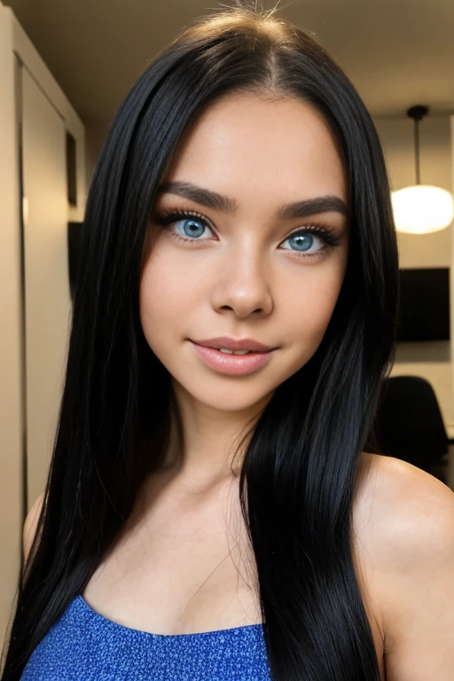 ((full-body shot)), teen, youthful, teenager, shy smile, detailed eyes, blue eyes, no_makeup, eyelashes, freckles, perky breasts, black hair, super long hair, wavy hair, looking at viewer, natural lighting, natural features, centerfold, fake lips, huge lips, lip fillers, flowery sundress, realism, girl, russian