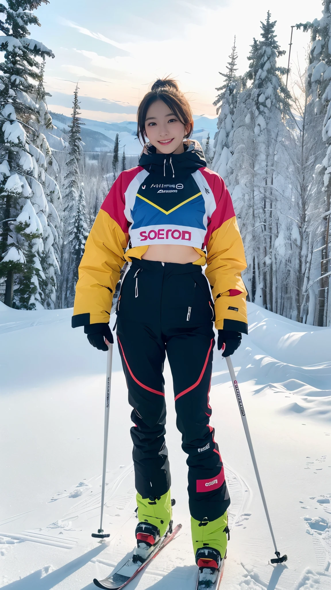 (Portrait of one girl with thin small breasts and short hair in colorful ski wear:1.5)、(One girl skiing with a show-off face and a small smile :1.5)、(snow ski garden:1.5)、(Beautiful Sunset Sky 1.5)、(perfect anatomy:1.3)、(no mask:1.3)、(full finger:1.3)、Photoreal、Raw photo、table top、highest quality、High resolution、delicate and beautiful、perfect face、beautiful and fine eyes、Fair skin、real human skin、pores、((thin legs))、(black hair)