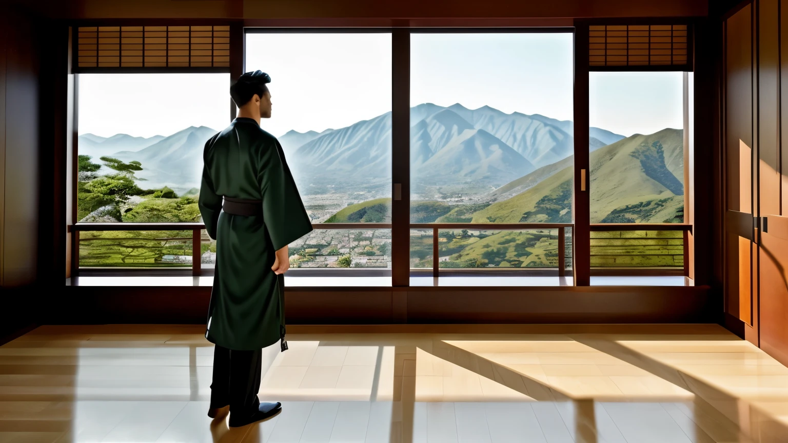 Sophisticated celebrity room with all interesting walls、A man wearing a dark green kimono、standing and looking out the window