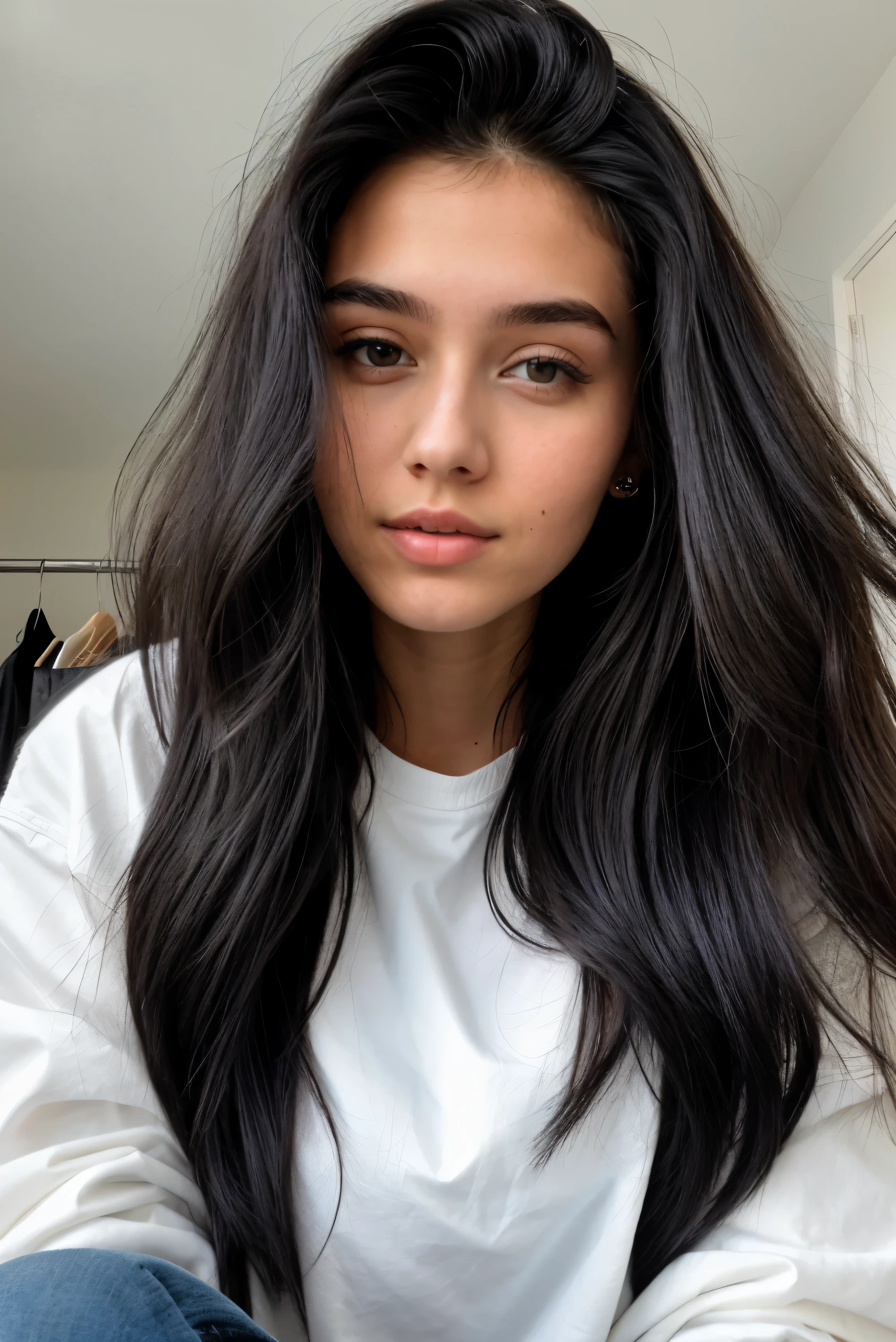 photograph of a 20 year old woman, perfect face, masterpiece, black jeans, white shirts, jacket, black
