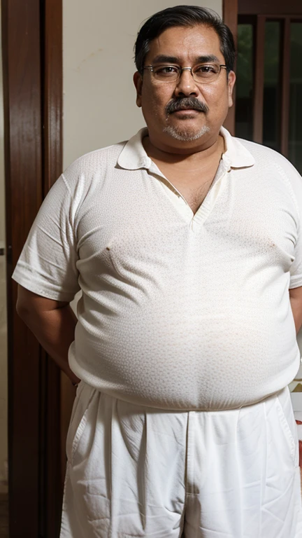 Fat malay oldman with indian looks, fat body, obese, double chin, full white moustache, full white short hair, he is 70years old, standing