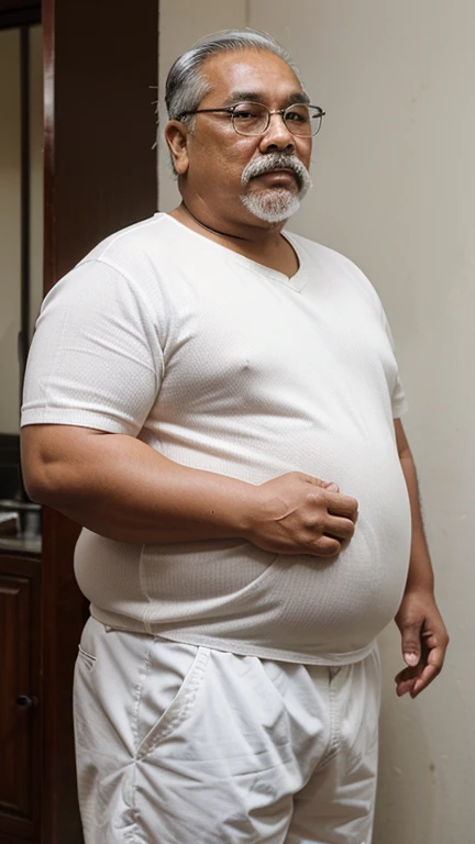 Fat malay oldman with indian looks, fat body, obese, double chin, full white moustache, full white short hair, he is 70years old, standing