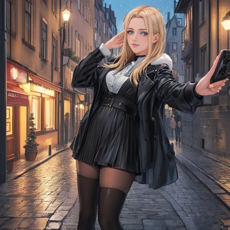 (Selfie, Draufsicht: 1.4), Lineart, (straight half of the body: 1.4), RAW UHD portrait photo of a 24-year-old blonde (Blue-eyed woman) Eine dunkle Gasse entlanggehen, medium breasts,, Stadt bei Tag, (Rock), (Ausschnitt), Details (Gewebe! , Haar! , Glitzer, Farbe!! , Benachteiligungen: 1.1), shiny eyes with high level of detail (Blick in die Kamera), SLR-Beleuchtung, Spiegelreflexkamera, ultra quality, Sharpness, Depth of field, Filmkorn (Mitte), Fujifilm XT3, kristallklar, Rahmenmitte, Beautiful face, Scharfer Fokus, Streetlight, Neonbeleuchtung, bokeh (schwach beleuchtet), Nacht, (Nachthimmel), Detaillierte Hautporen, Oily skin, Sonnenbrand, Komplexe AugenDetails, full entire body, big