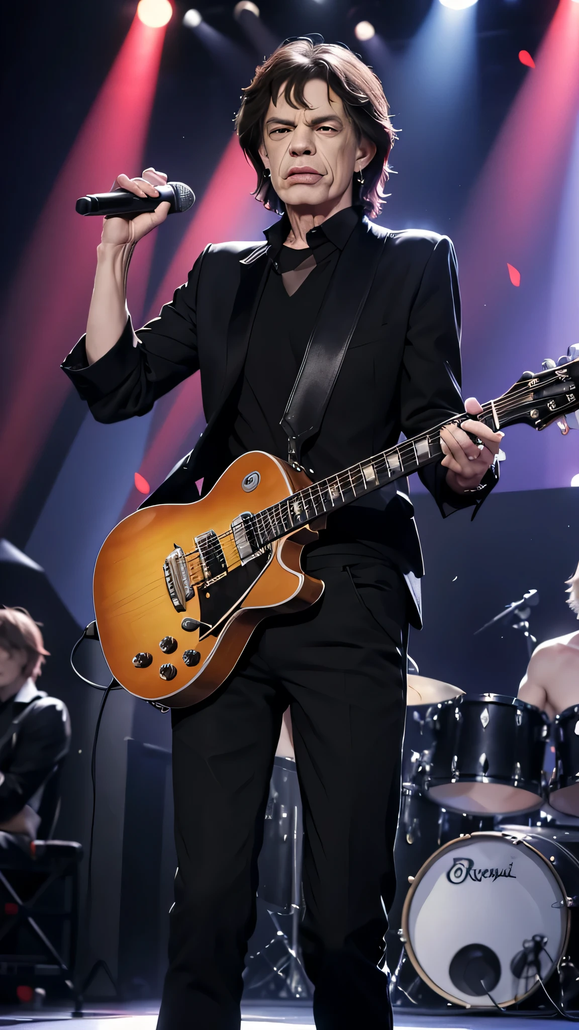 Mick Jagger, rolling stones pop star singing on stage, 8k, uhd, movimentando os labios CANTANDO, ROUPA DE ROCK, CORRIGIR MAO ESQUERDA