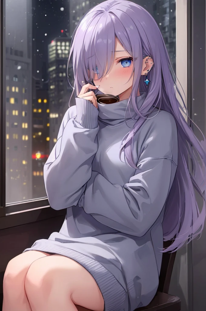 ((masterpiece:1.4, best quality:1.2)), 1girl, solo focus, beautiful skin, blush, grey sweatshirt, long Violet hair, blue eyes, sitting, earrings, Hands piercing, coffee shop window, night, snowing, cityscape, tall female, beautiful and delicate female, comfy ambience, {detailed background}, hair over one eye, shy, sexy female genitalia