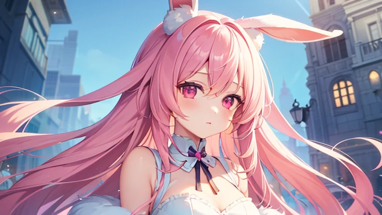 beautiful illustrations, highest quality, pretty girl, pastel colour, fluffy rabbit ears, , pink long hair, rabbit stuffed, pale pink eyes,bright lighting,Game Girls