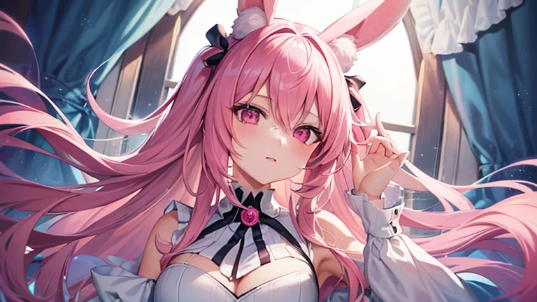 beautiful illustrations, highest quality, pretty girl, pastel colour, fluffy rabbit ears, , pink long hair, rabbit stuffed, pale pink eyes,bright lighting,Game Girls
